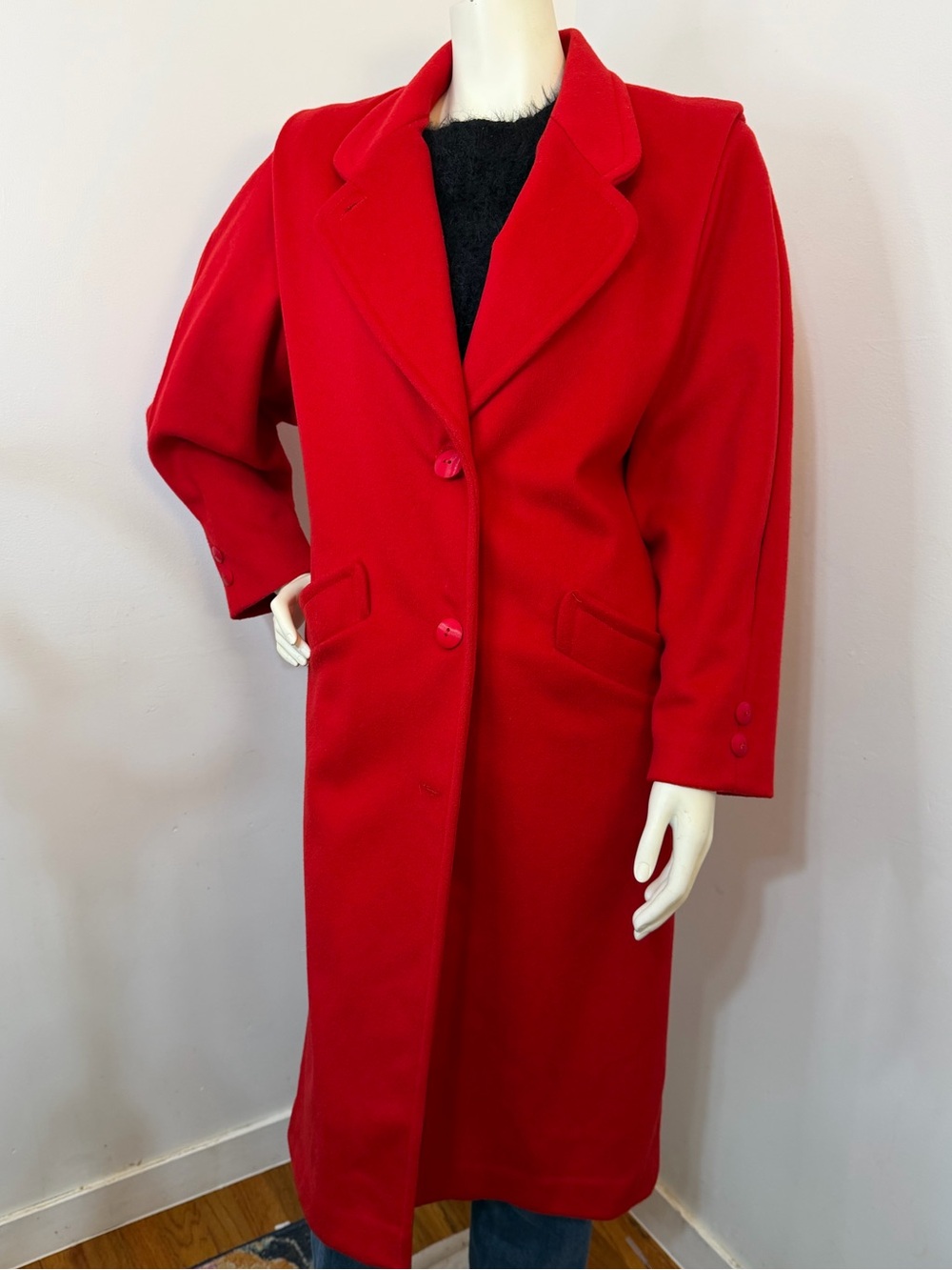 Vintage 100% Wool Red Full Length Winter Coat 80’s Shoulder Pads Pleated Sleeves